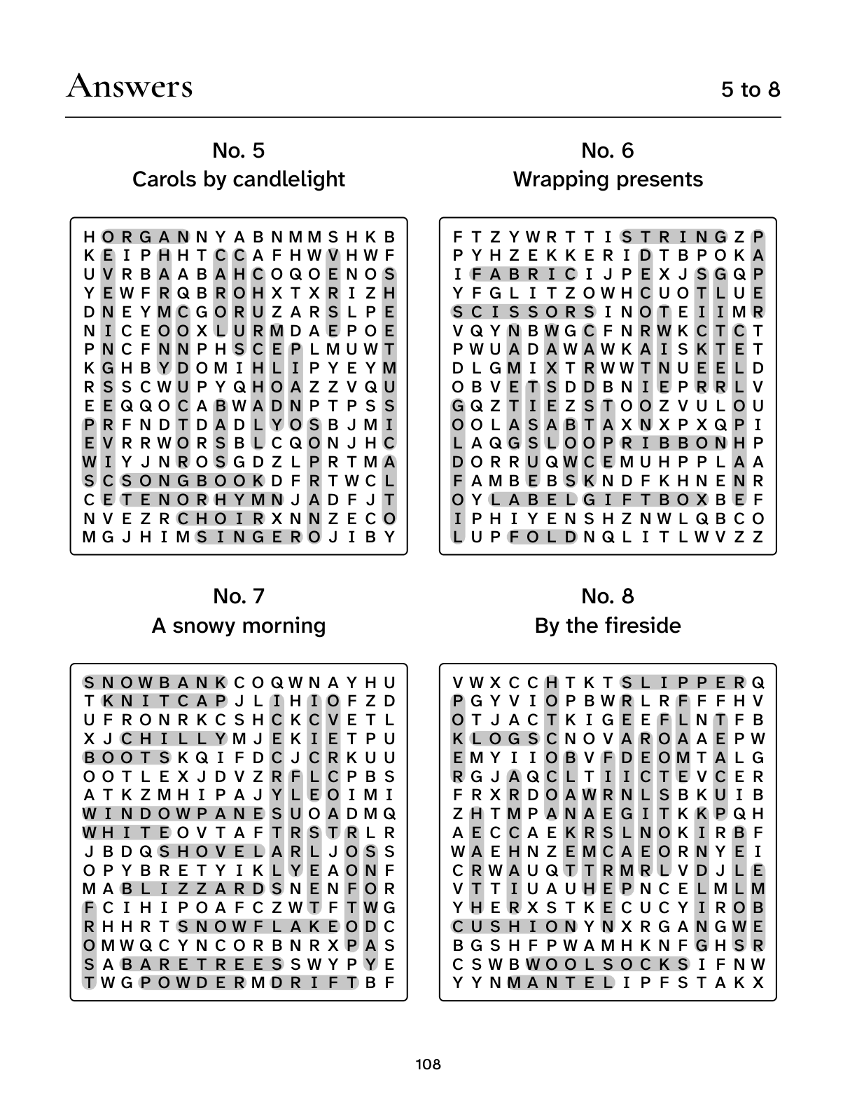 Printed answer page including the matching solution to puzzle 5 from Christmas Word Search