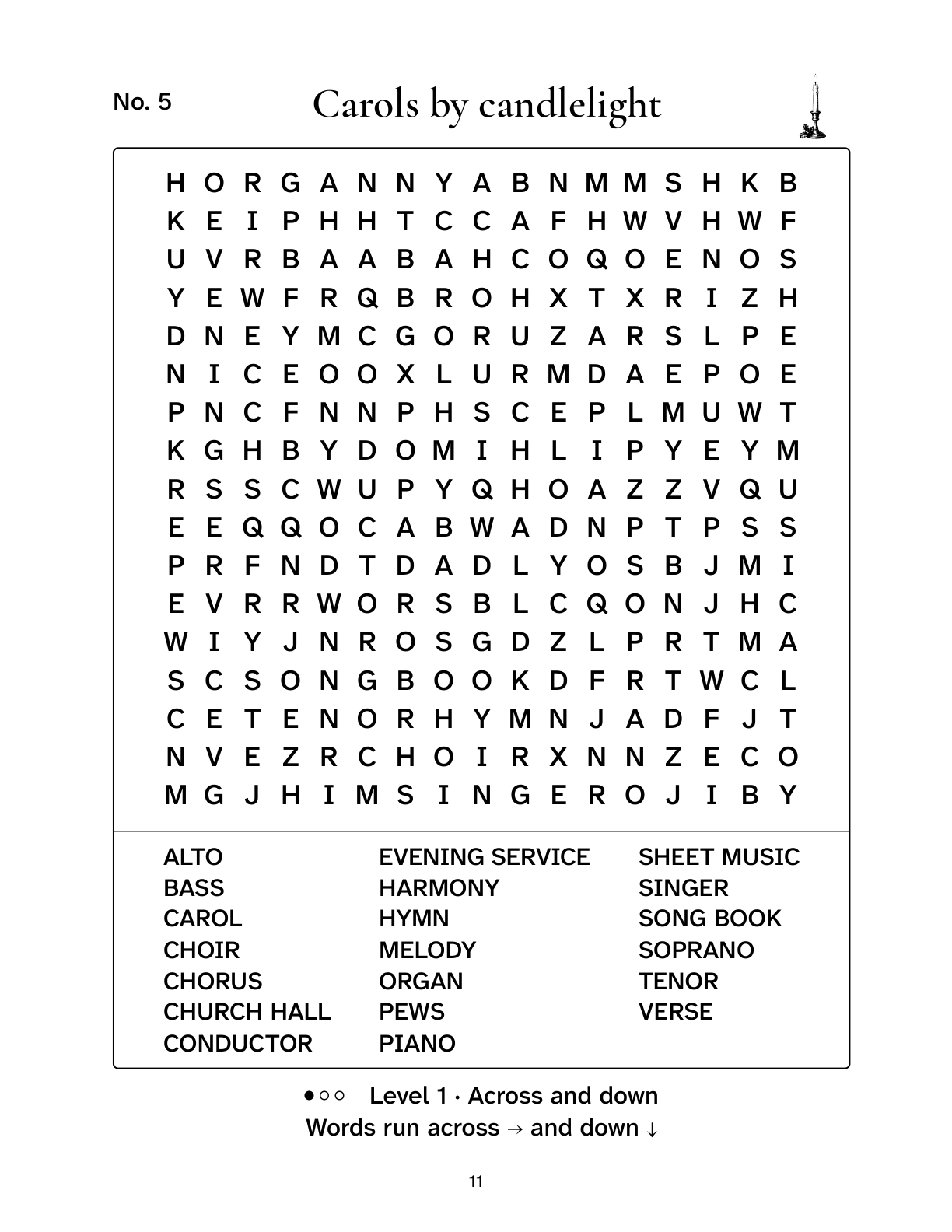 Printable sample puzzle 5, Carols by candlelight, from Christmas Word Search