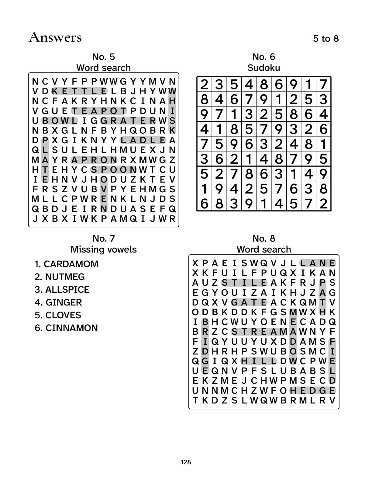 Printed answer page including the matching solution to puzzle 5 from Gentle Puzzle Days