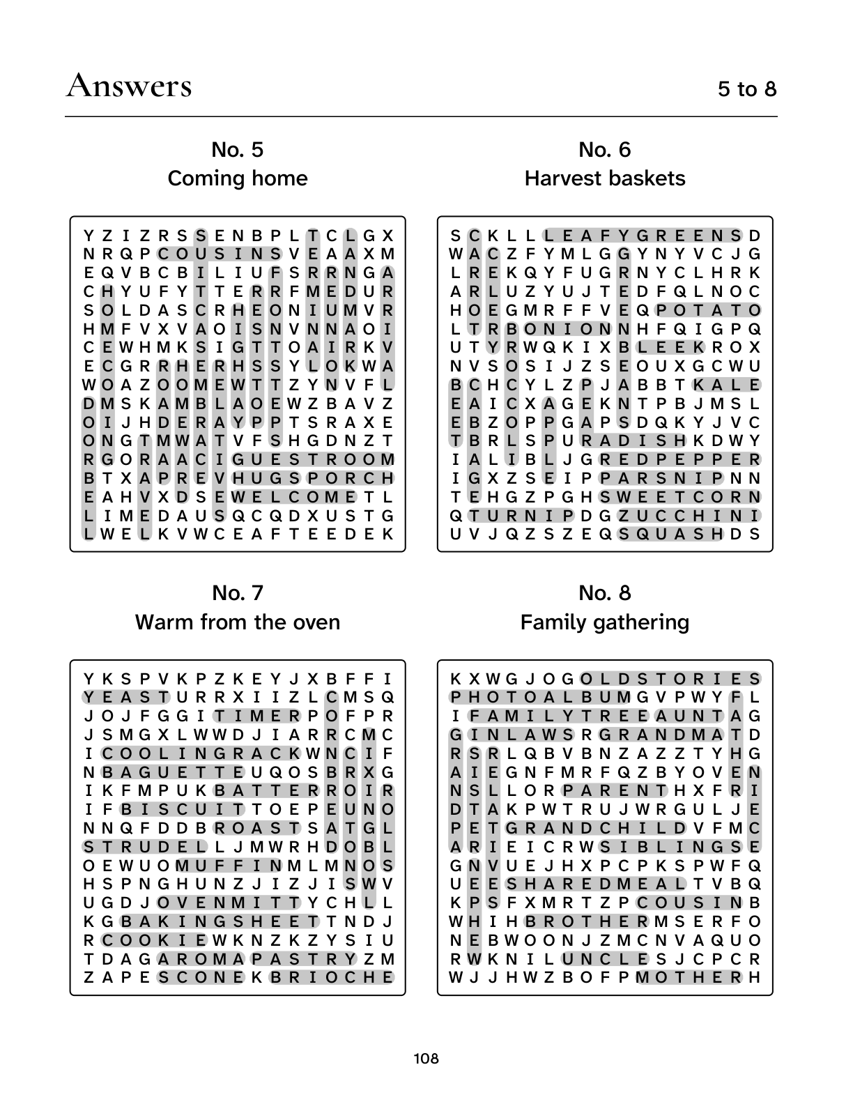 Printed answer page including the matching solution to puzzle 5 from Thanksgiving Word Search