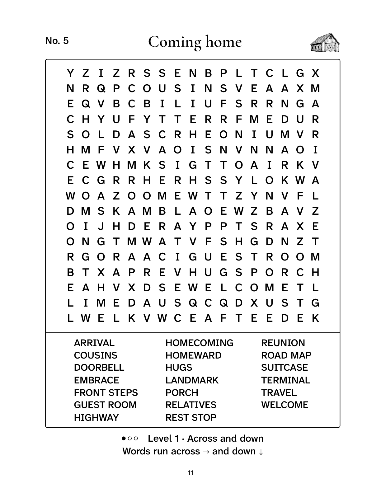 Printable sample puzzle 5, Coming home, from Thanksgiving Word Search